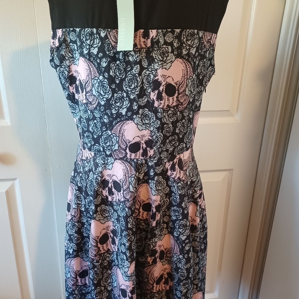 Pink and Black Skull Goth Print Fit & Flair Dress L - Picture 3 of 4